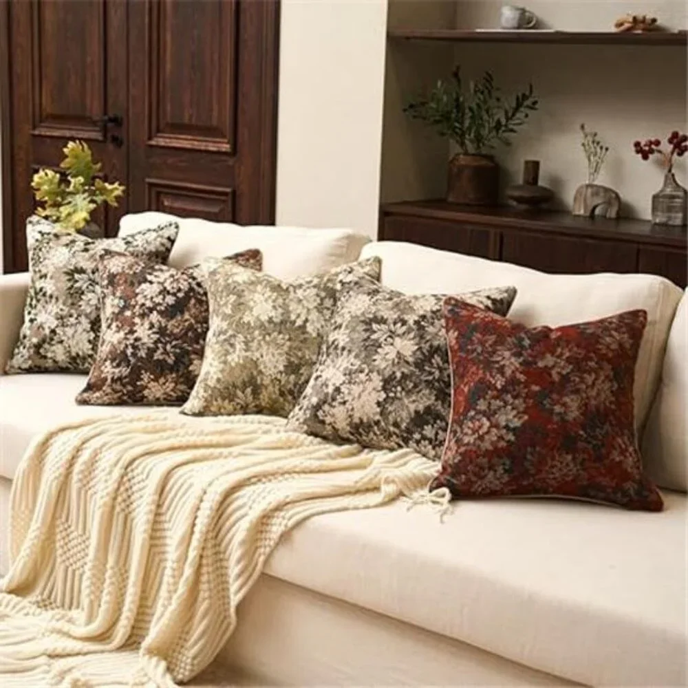 Neutral Floral Pillow Cover 20 x 20 Inches, Vintage Chenille Square